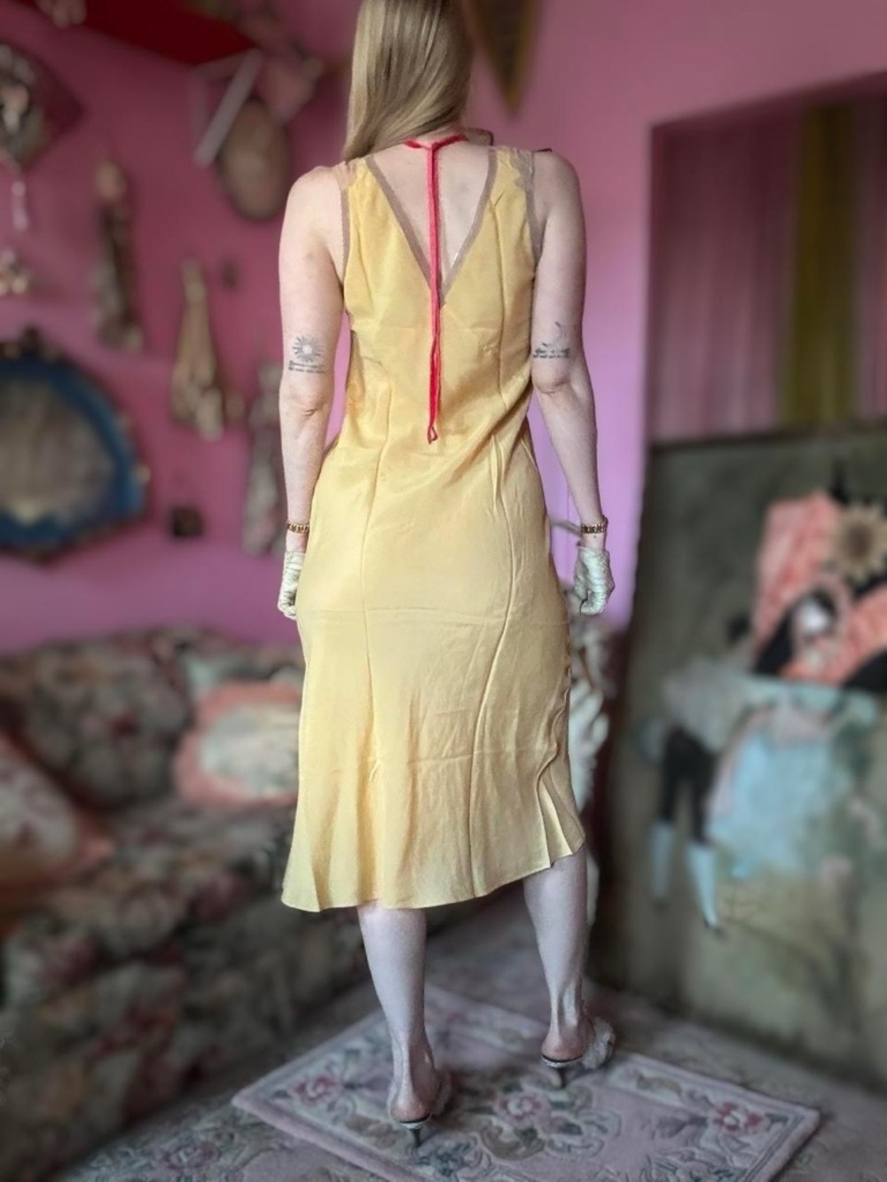 1930s Butter Yellow Bias Cut Rayon Slip Dress, Size M-L - Picture 5 of 8